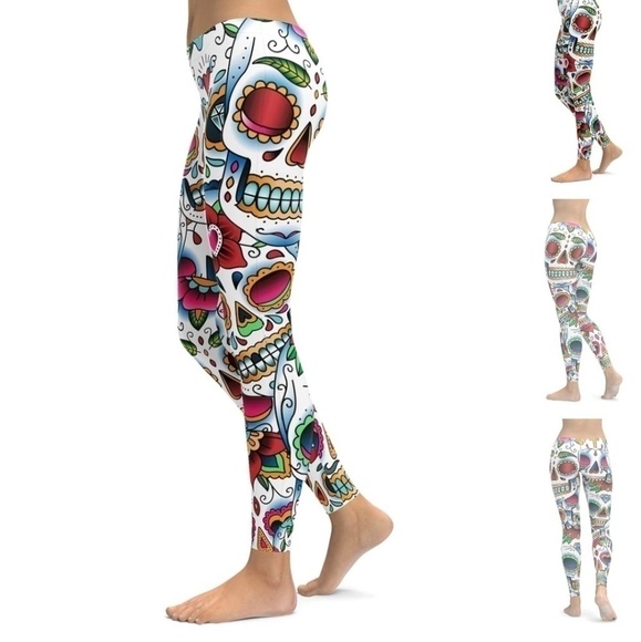 Gearbunch Multicolor Sugar Skull Day Of The Dead Athletic Workout Yoga Leggings - Picture 1 of 8